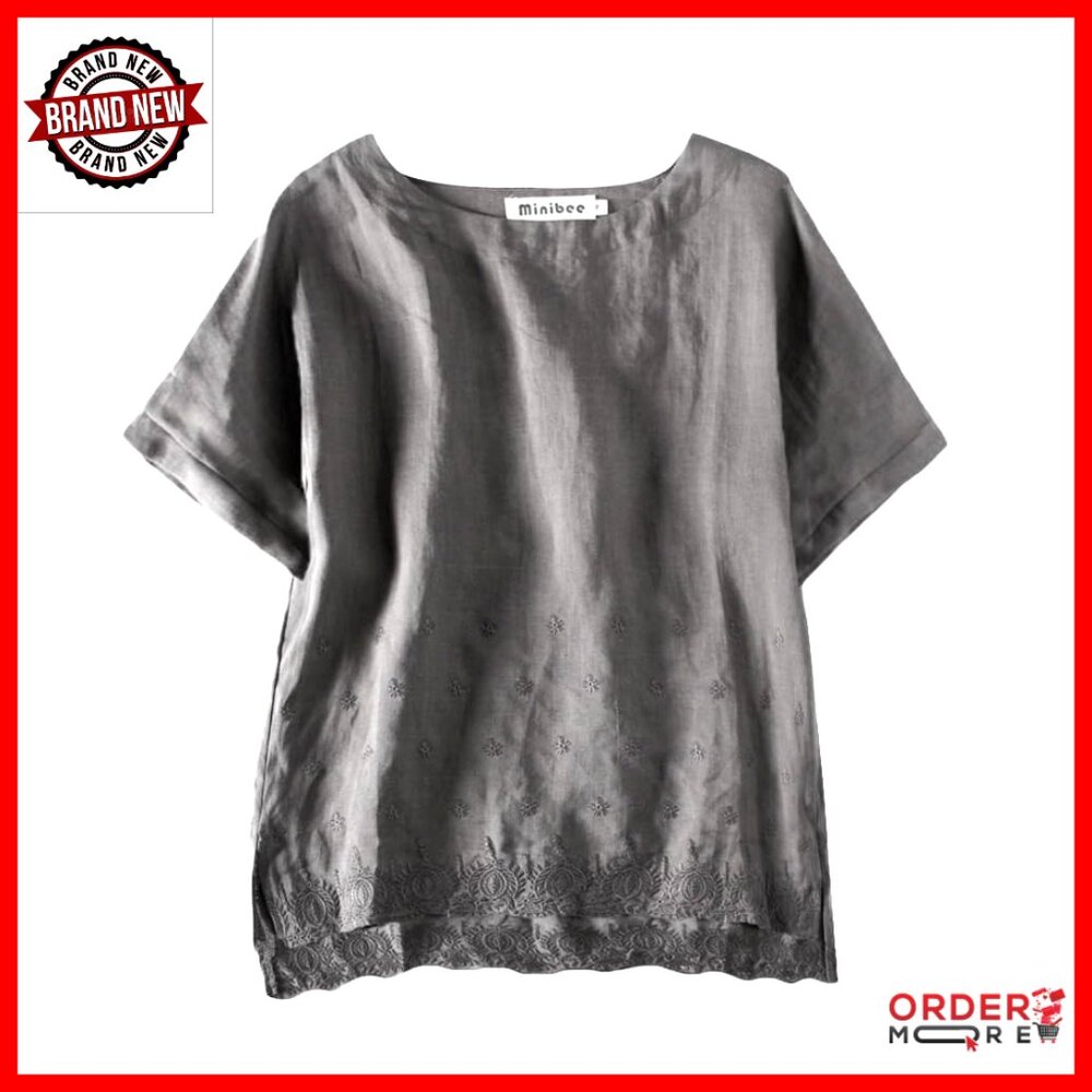 Women's Linen Tunic Top With High Low Hem And Embroidery Details